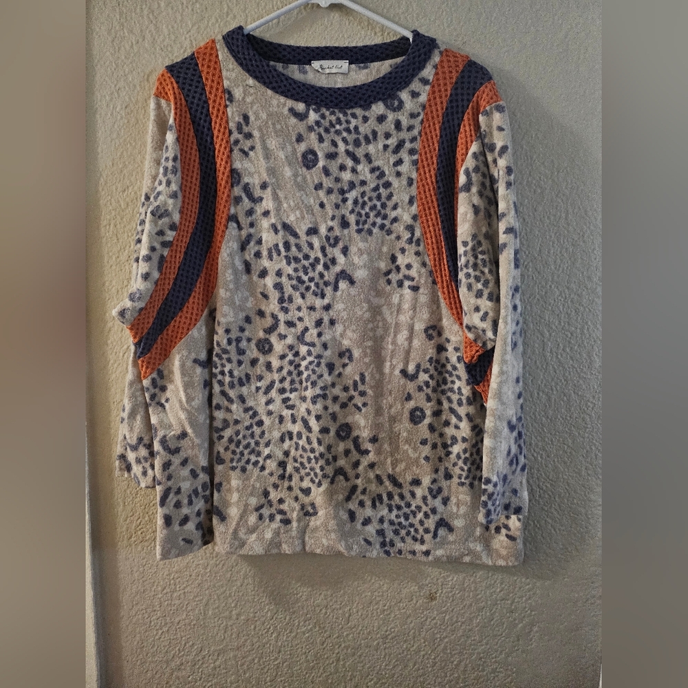 BUCKETLIST Animal Print Sweater with Orange and Blue Details Boutique Item